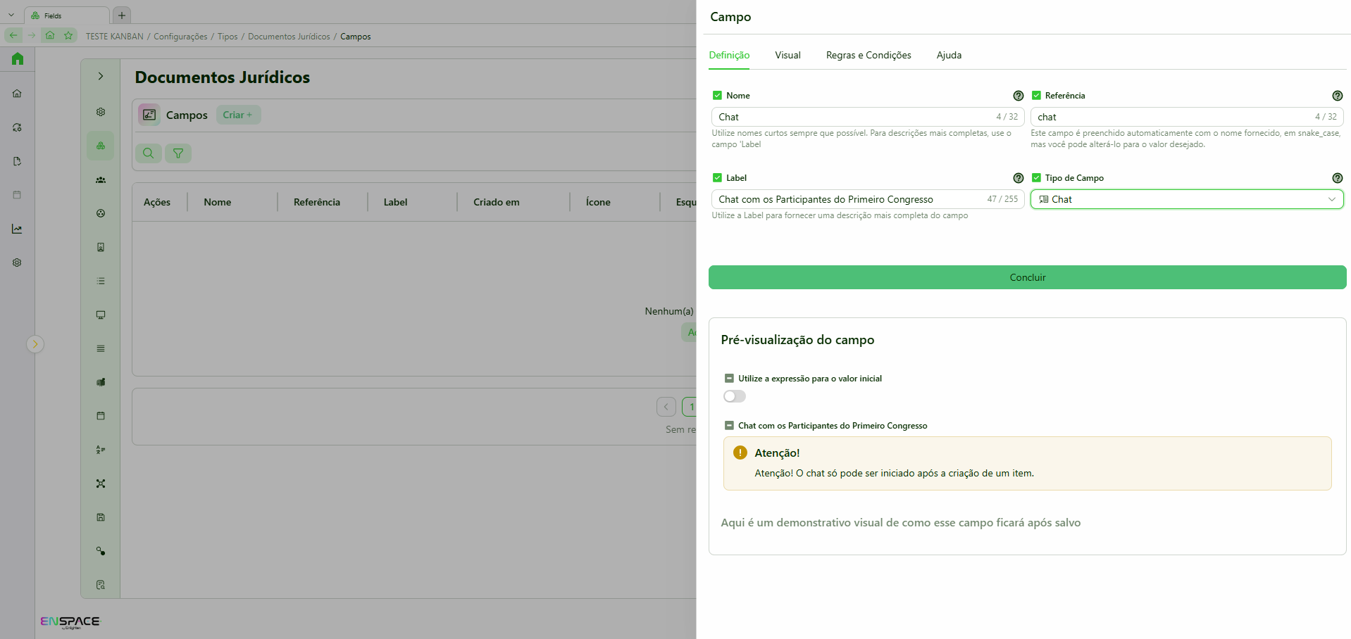Configuração inicial do campo Chat