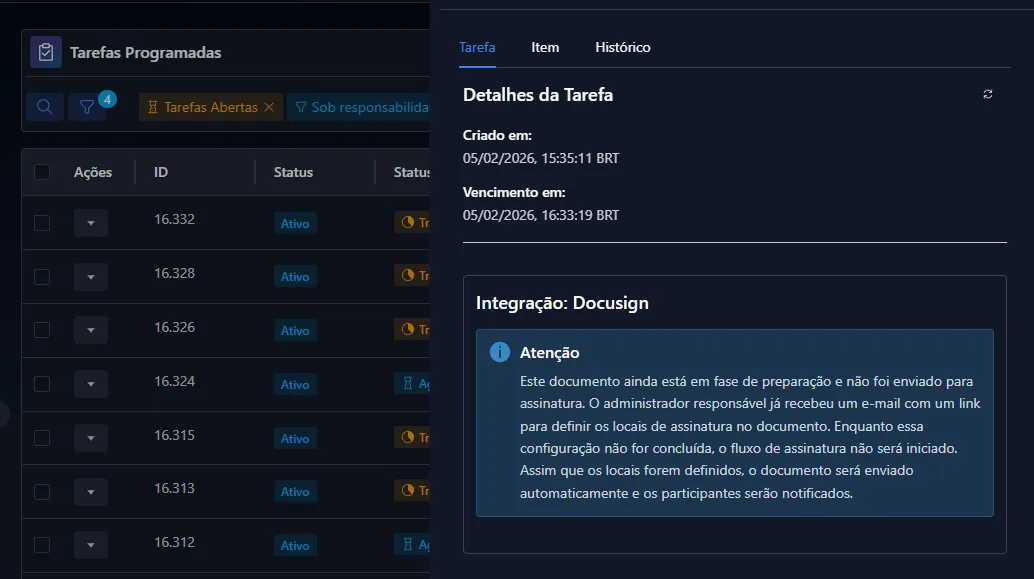 Status da Tarefa e Fase de Preparação do Documento