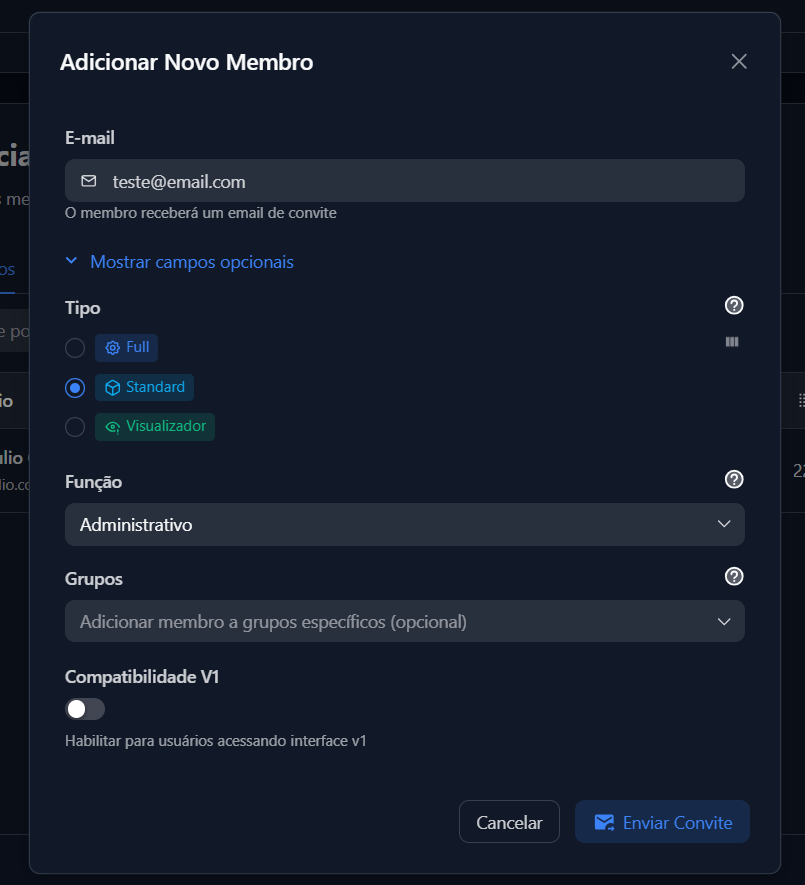 Visualização do convite de usuario