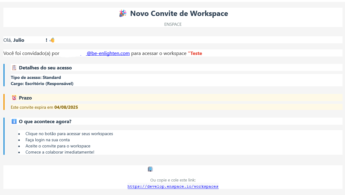 Visualização do convite de usuario